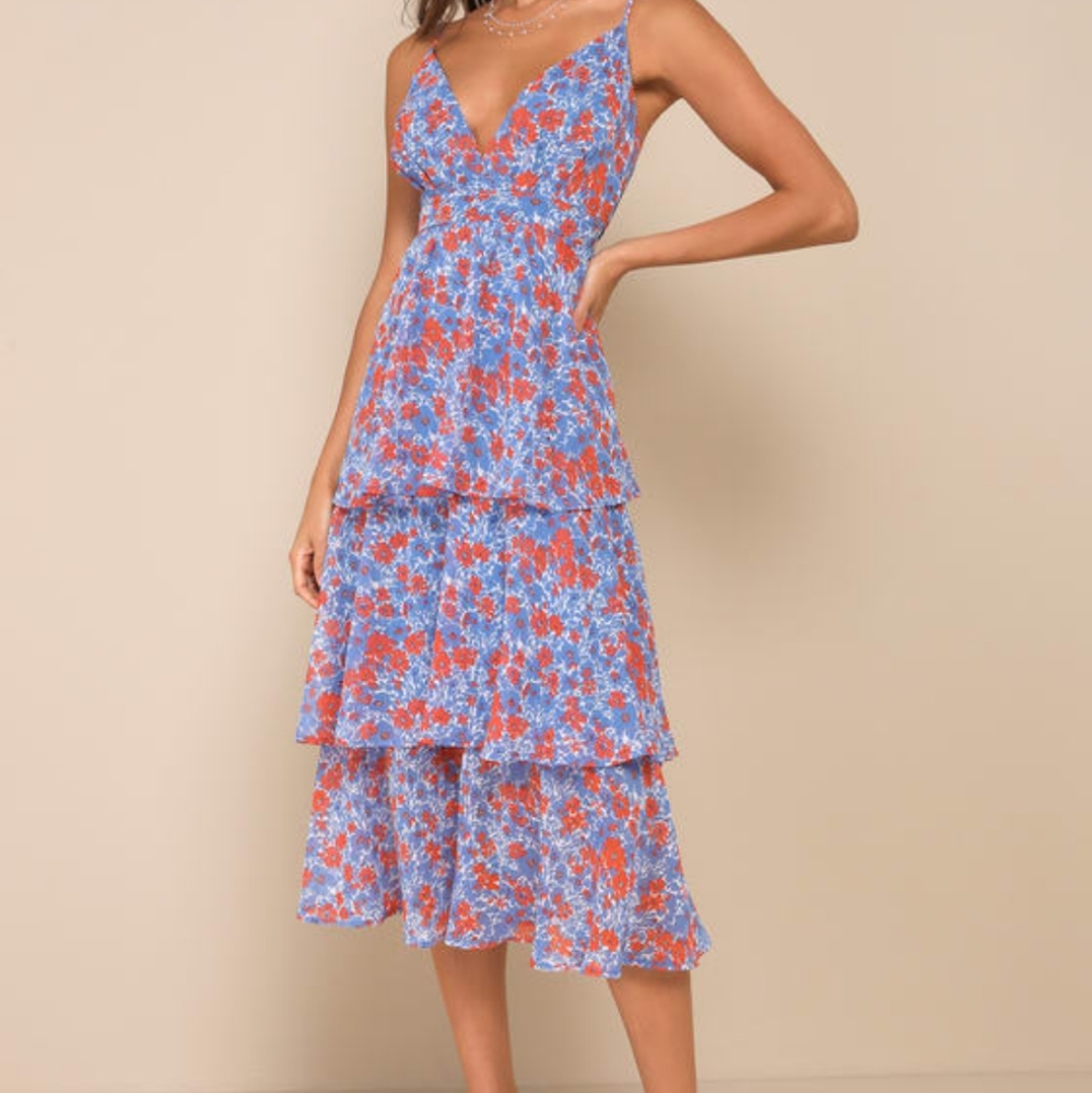 Lulus Blue Floral Print Lurex Tiered Midi Dress
